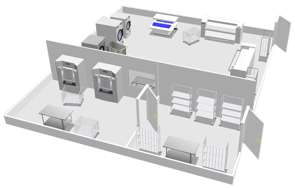 3D-вид размещения оборудования прачечной в больнице